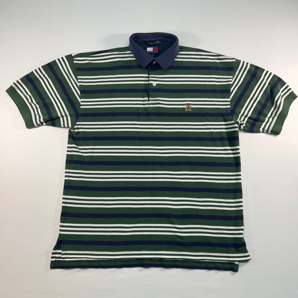 Tommy‎ Hilfiger Mens Green Striped Short Sleeve Polo Shirt Large Crest Logo L
